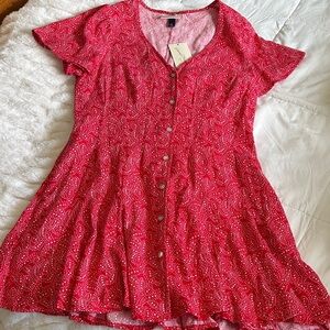 Red Star Print Button Front Mini Dress Flowy Short Sleeve